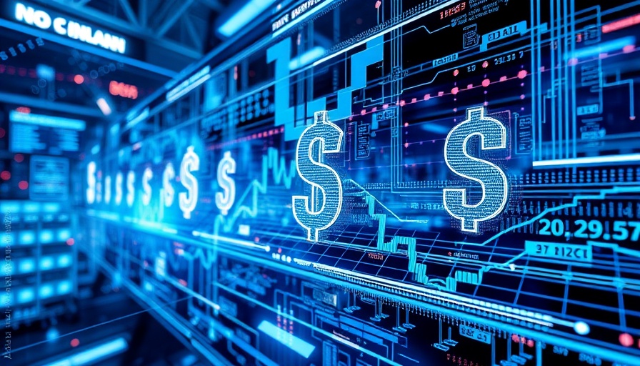 Futuristic financial abstract with digital elements and currency icons.