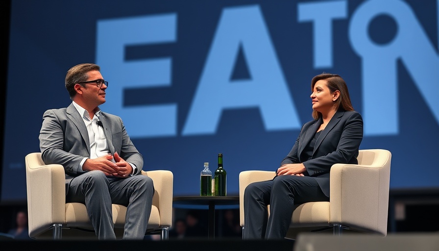 Two professionals discussing business strategies on stage.