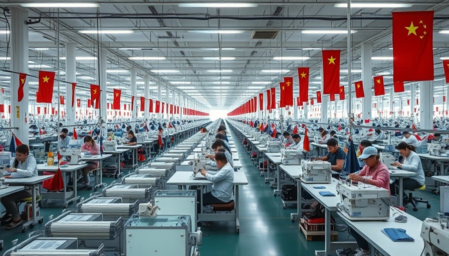 Uyghur forced labor sewing garments in a brightly lit factory.
