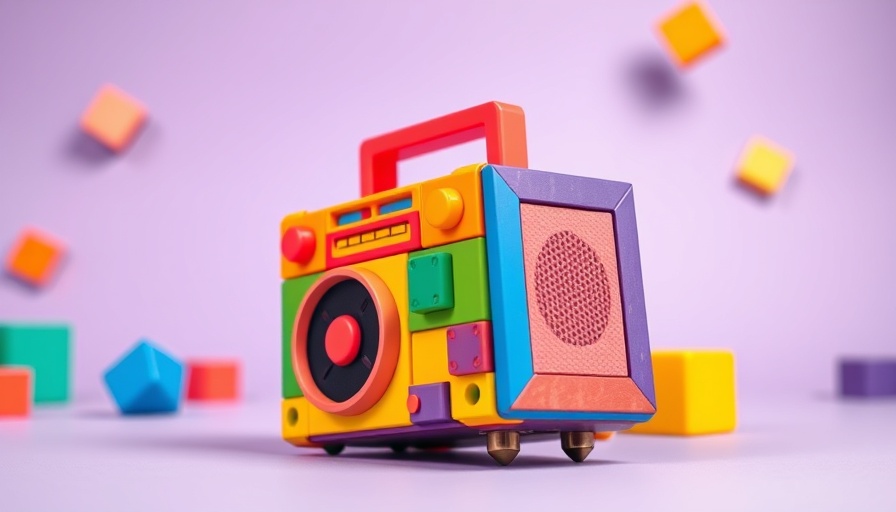 Colorful toy boombox on a purple background symbolizing creative local events.