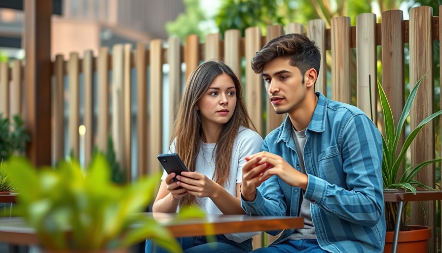 Young people at cafe, surprised expression looking at phone, Manscaped send face pics instead.