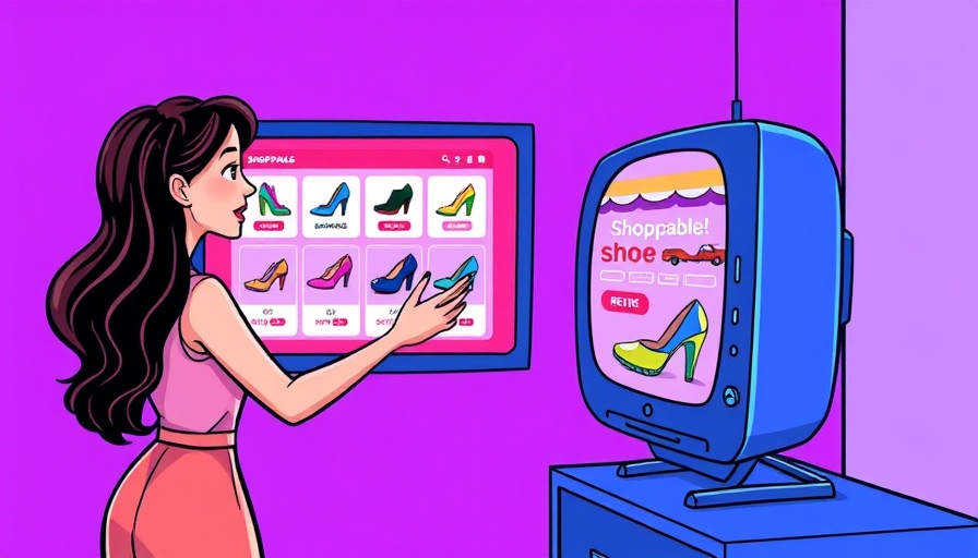 Colorful illustration of a woman interacting with a shoppable TV.