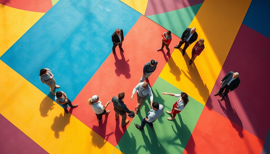 Aerial view of people meeting on colorful geometric patterns.