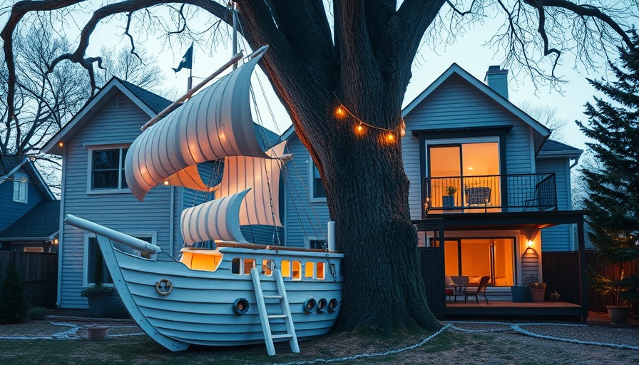 Custom pirate ship-themed treehouse with lights and tree.