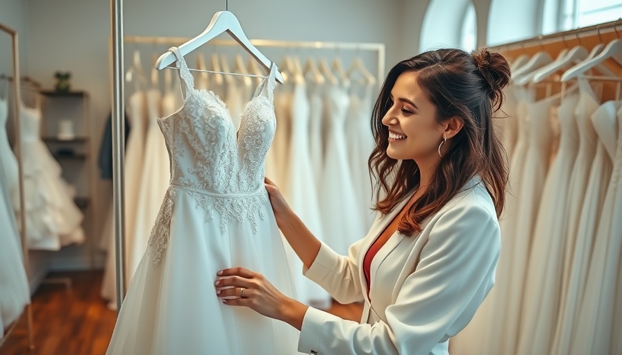 Stylish young woman browsing wedding dresses in Magnolia Laine Bridal Boutique.