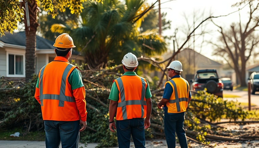 Utility workers assess storm damage in residential area.