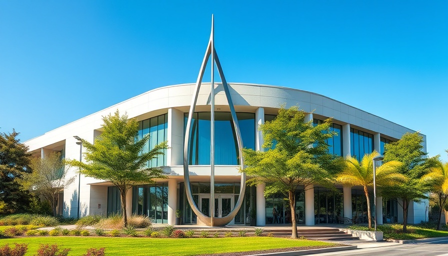 Seymour Center entrance with sculpture, vibrant and modern.