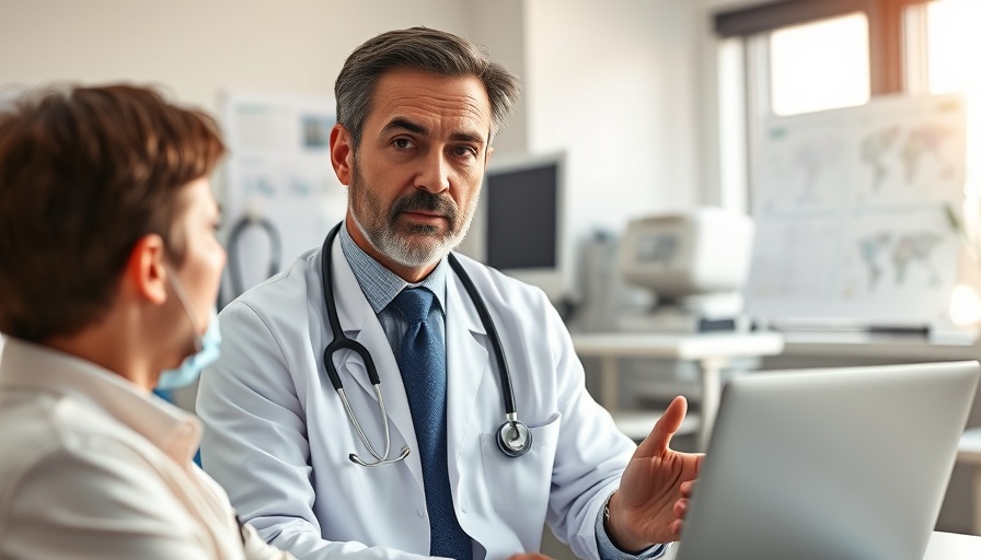 Doctor consulting patient in medical office with urology charts.