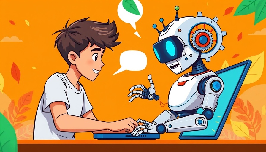 Cartoon of person using laptop with AI robot and speech bubbles, Gemini AI prompts for productivity.