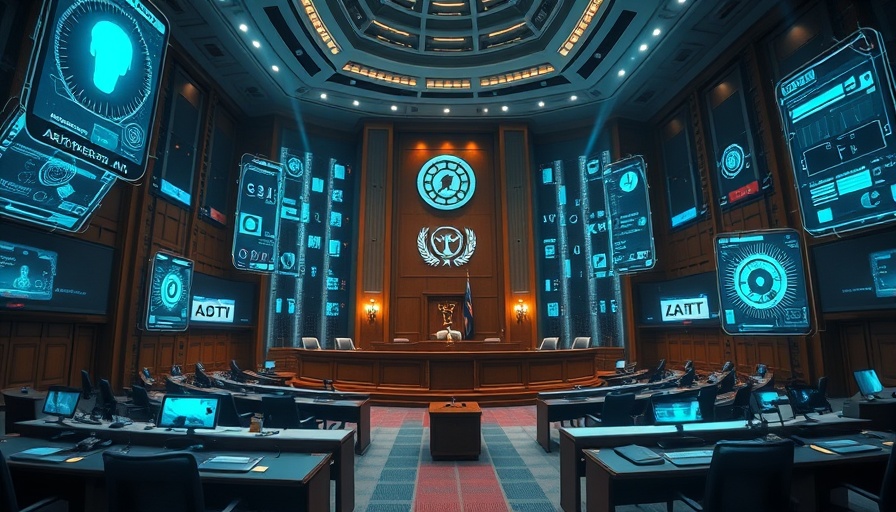 Futuristic courtroom with AI elements impacting legal system.