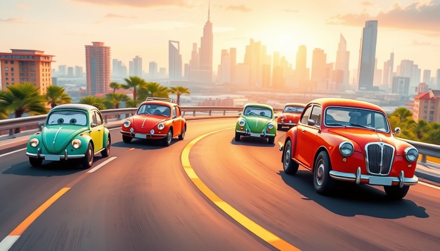 Cartoon cars on twisty road symbolizing workflow management tools.