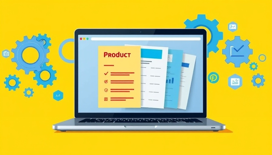 Colorful illustration of free product spec sheet templates on a laptop.