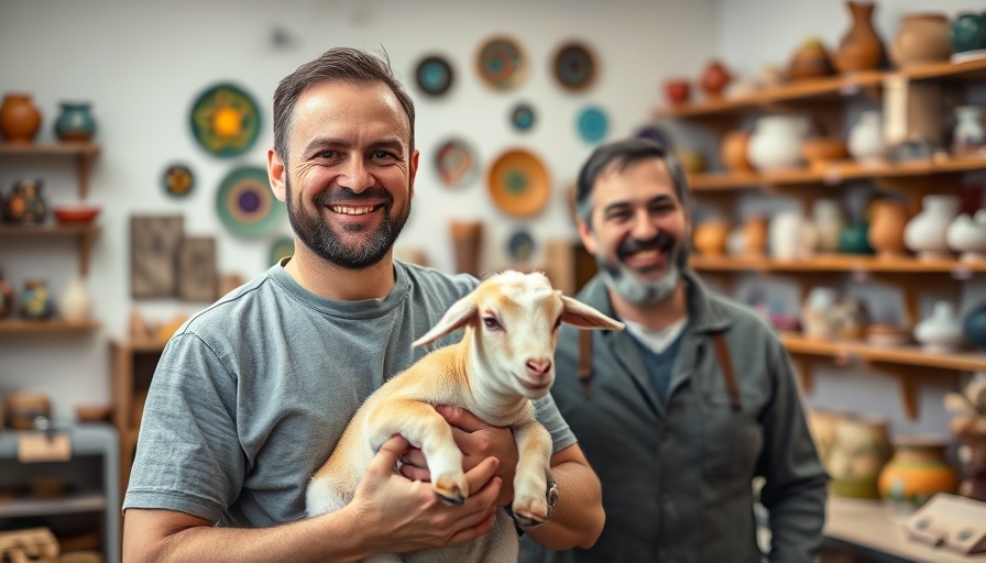 Navy veteran joyfully holding a goat in a vibrant art studio.
