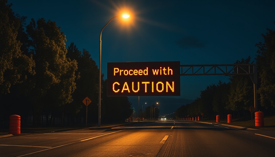 Electronic sign warning 'Proceed with Caution', nighttime.