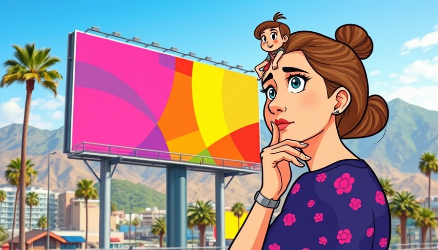 Cartoon woman pondering billboard accessibility with a character, digital outdoors.