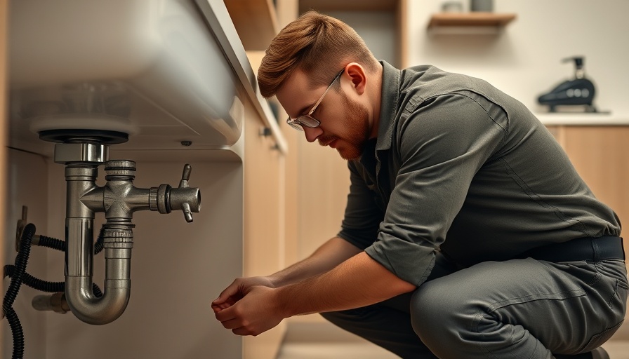 Plumber inspecting pipes in modern kitchen, Instant Payments for Property Management concept.