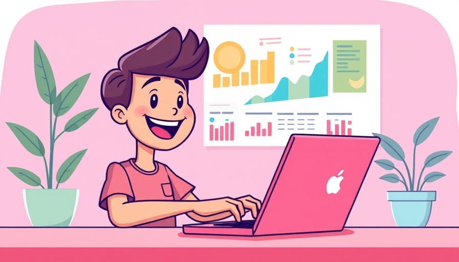 Cartoon person using laptop for dictation on Mac, pink background.