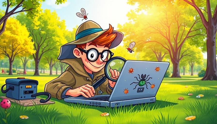 Cartoon detective solving bugs on laptop in park, bug resolution time reduction.