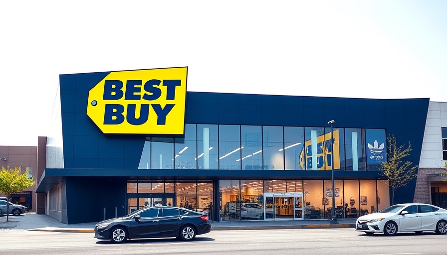 Best Buy store with cars parked outside, showcasing retail exterior.