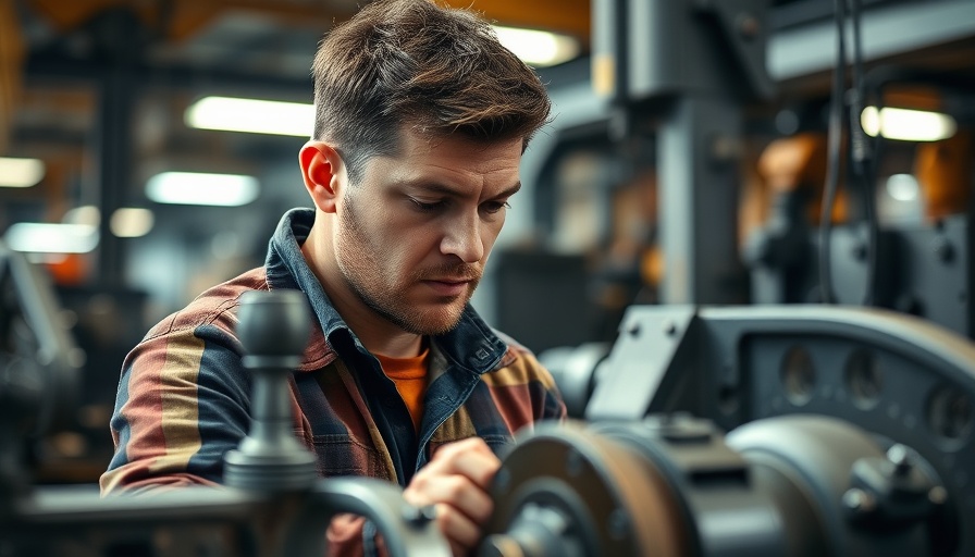 Industrial worker analyzing machine tool in workshop.