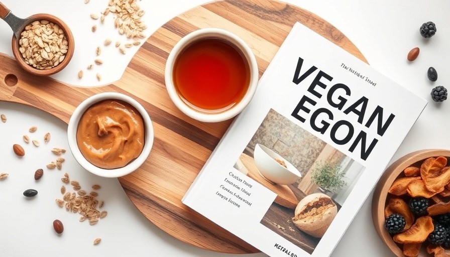 Vegan cookbook with ingredients on wooden board.