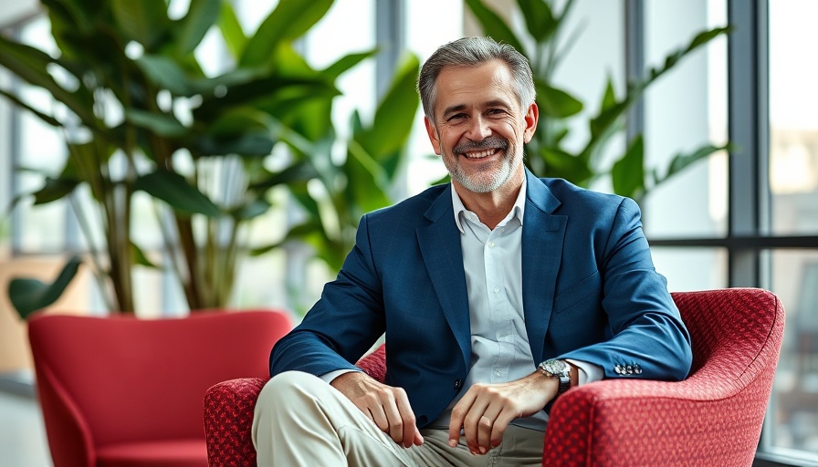 Businessman smiling in modern office chair, target turnaround plan.
