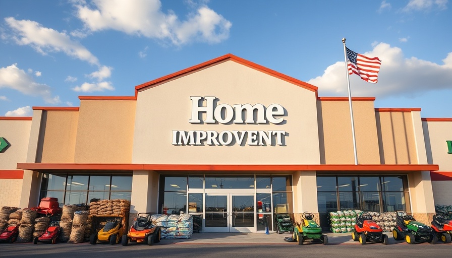 Large home improvement store front highlighting American flag display.