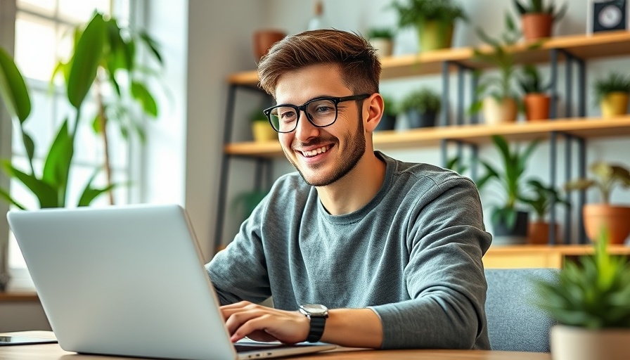 Relaxed man smiling at desk with laptop, trusting AI for risk management.