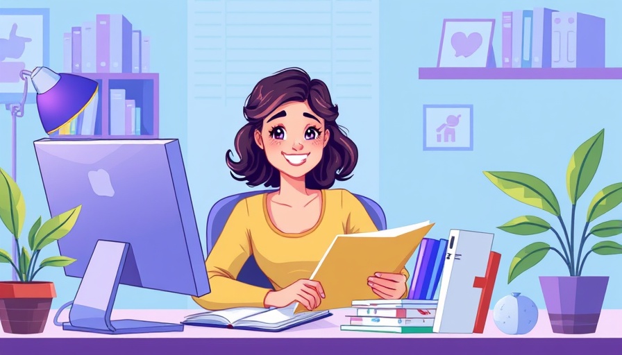 Cartoon woman organizing files on a computer in a colorful office, relaxed and smiling.