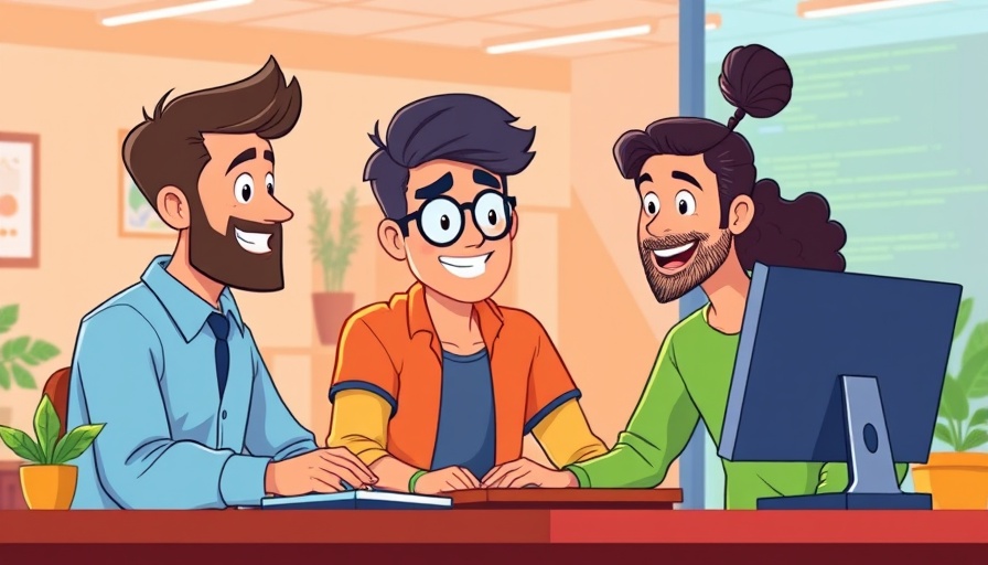 Cartoon team using ClickUp for software development in vibrant office.