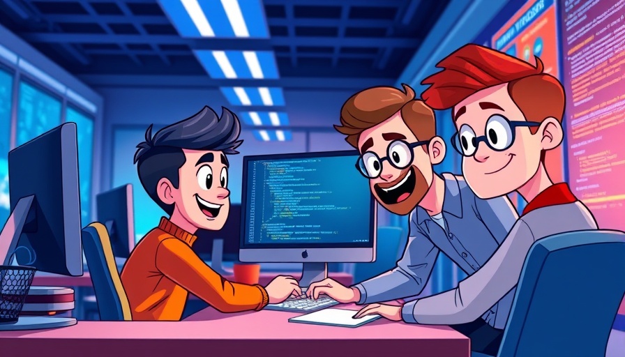 Cartoon illustration of colleagues collaborating on a computer, how to import Trello into ClickUp.