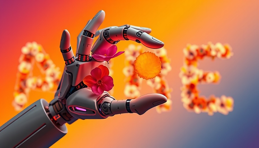 AI defines brand strategy with robotic hand and AI letters on a radiant backdrop.