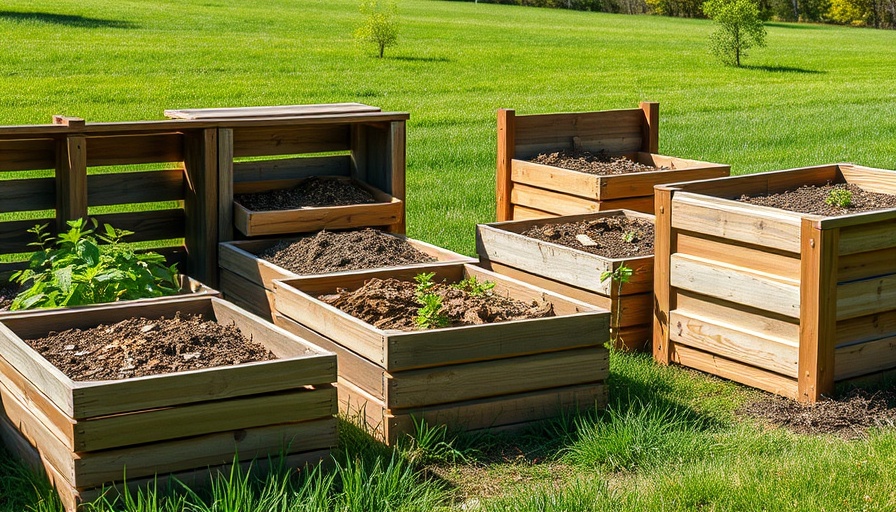 Compost bins in garden with organic material, everything you need to compost at home.
