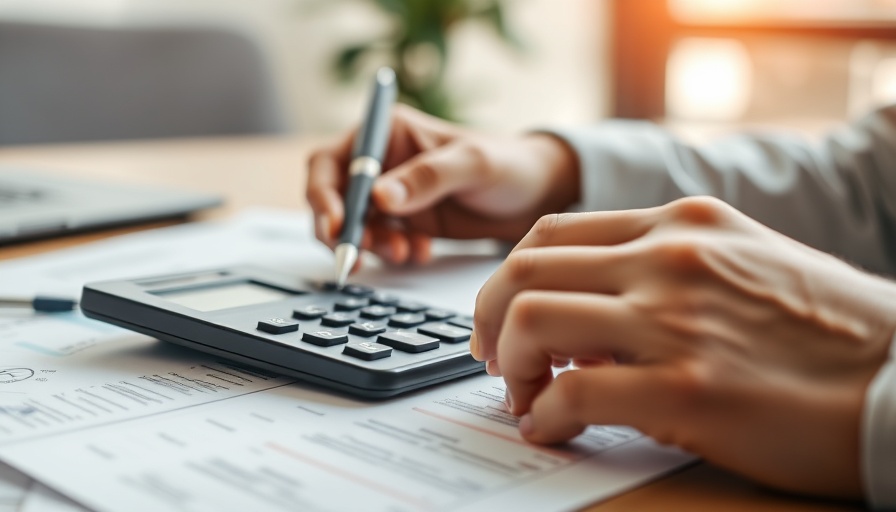 Hands managing finances with calculator and documents, finance separation concept.