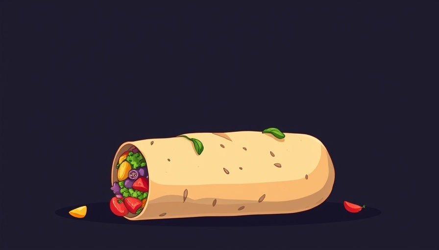 Cartoon burrito illustration with vibrant colors showcasing vegetables.
