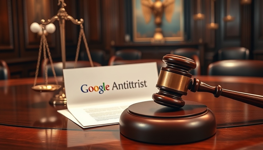 Courtroom scene with Google antitrust documents and gavel.