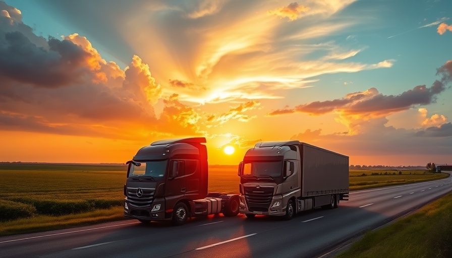 AI-enabled rideshare freight platform with modern trucks at sunset.