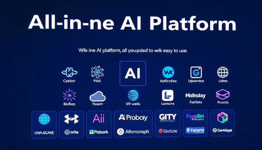 Multifunctional AI platform interface with tech logos, dark background.