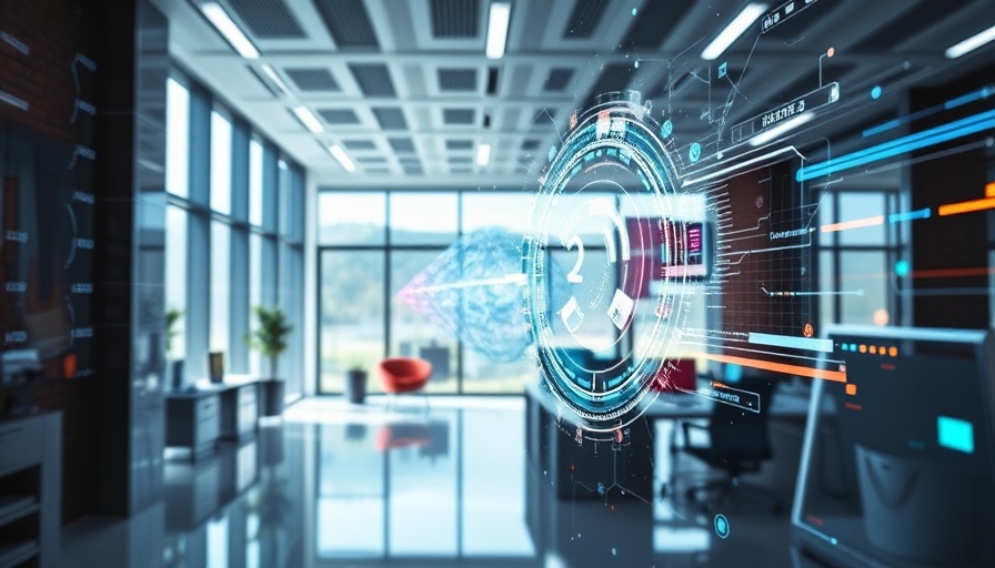 Abstract digital elements merging in futuristic tech office, bright colors.
