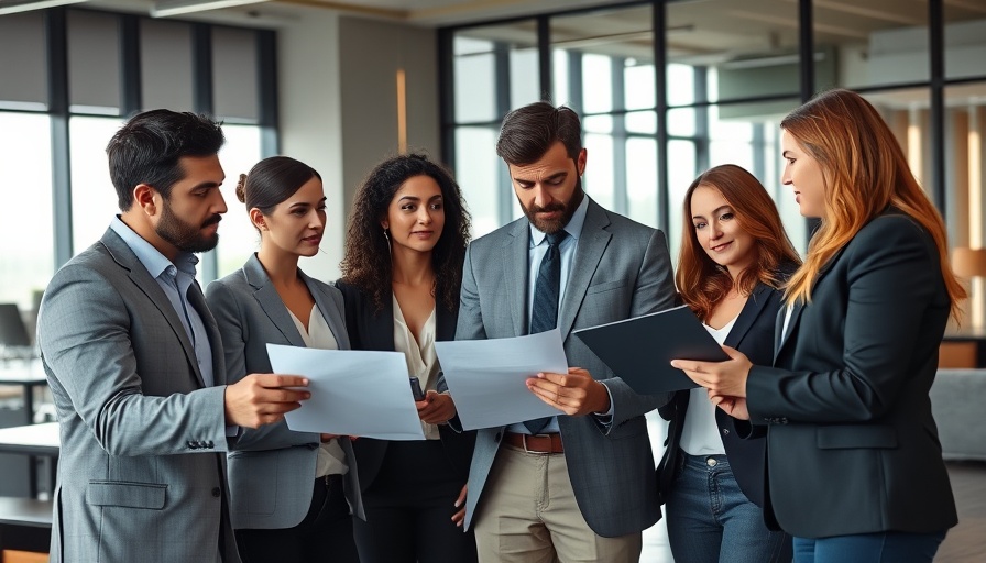 Professionals discussing treasury management systems in a modern office.