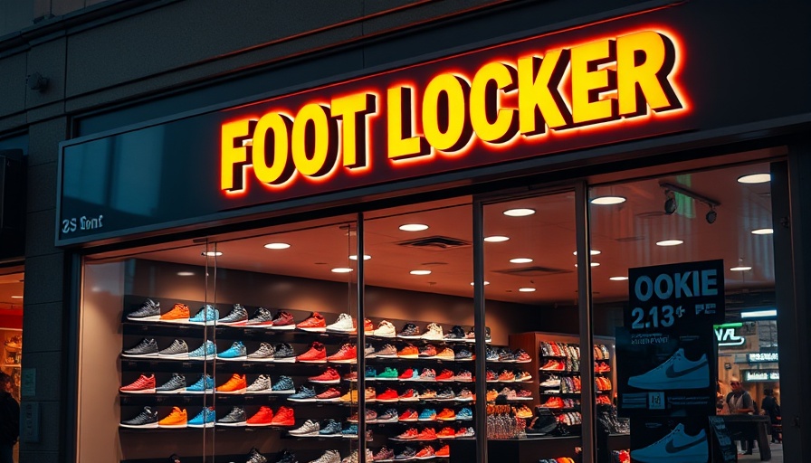 Foot Locker store featuring sneakers, illuminated logo.