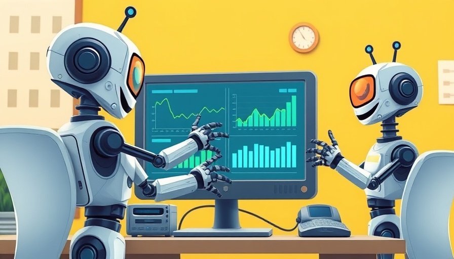 Colorful cartoon robots interacting with computer, AI sprawl in the workplace