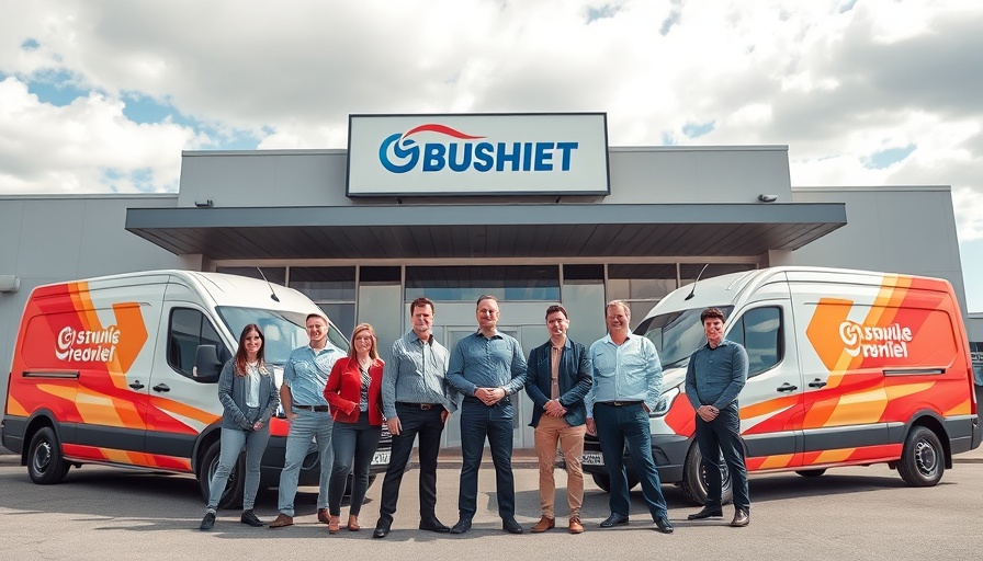 Team standing in front of branded vans, a successful small business.