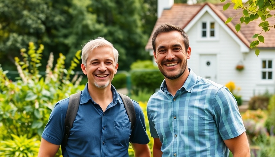 Gardener in Love: Two men in a garden with a white house.