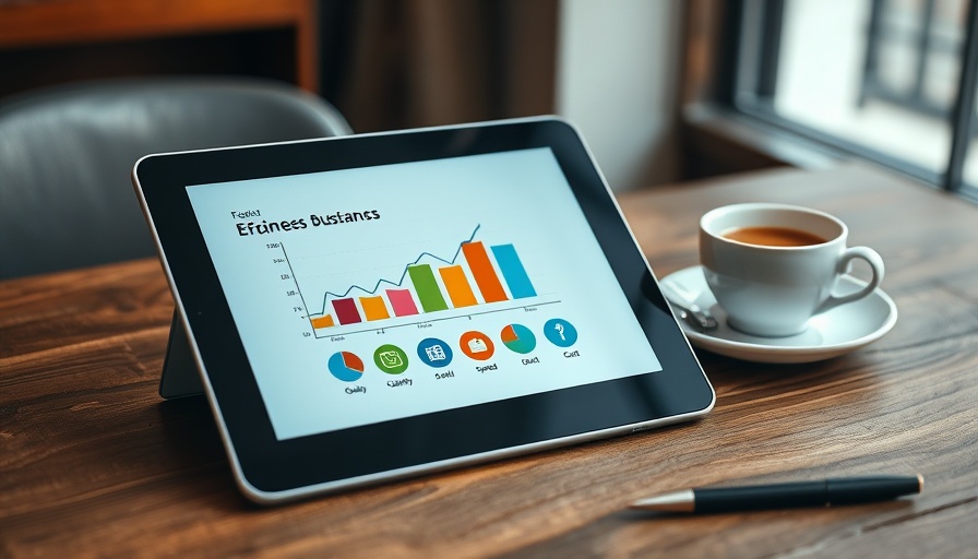 Tablet with efficiency, quality, speed, cost graph on wooden table.