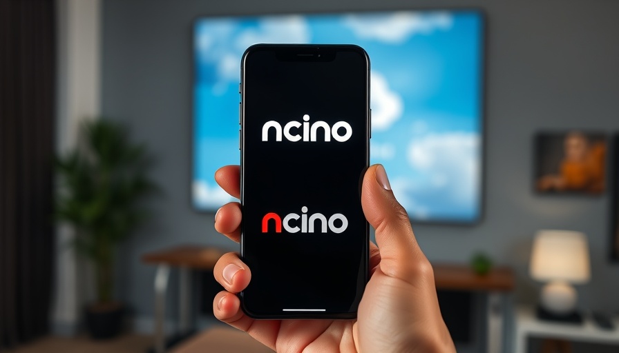 nCino logo on smartphone screen with cloud banking ad in background, highlighting AI capabilities in cloud banking.