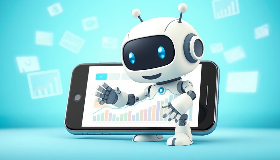 Cheerful robot interacting with digital graphs on smartphone, AI resource management software.