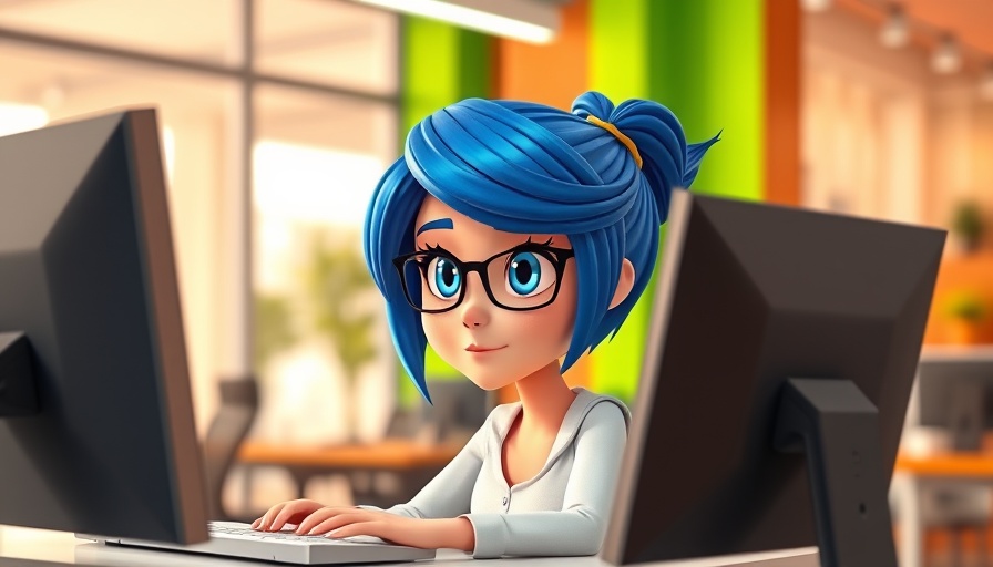 Cartoon woman using dual monitors for HIPAA compliant form builders.