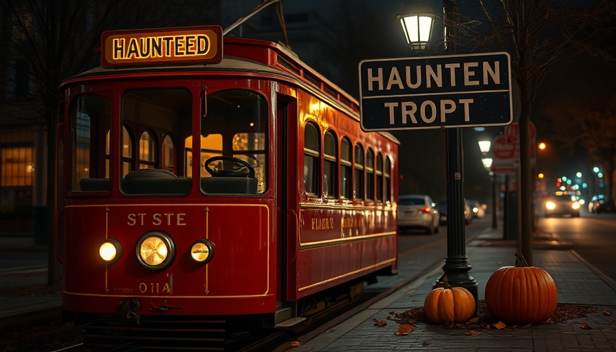 Bright red trolley at haunted trolley stop in Raleigh, nighttime.