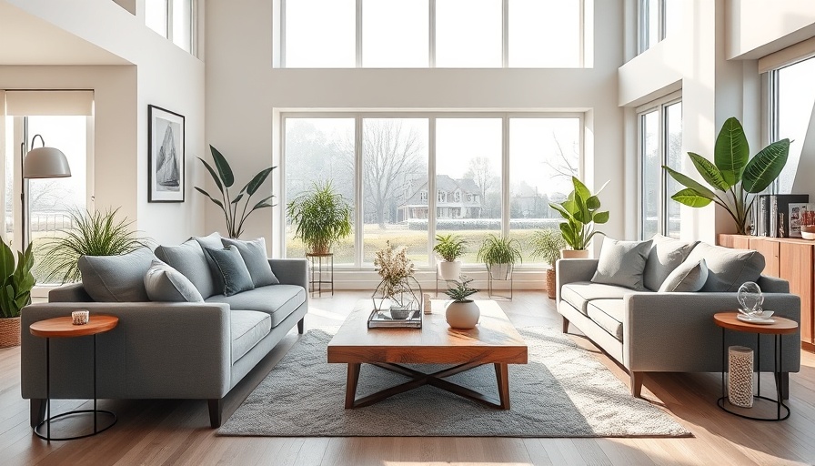Elegant living room setup with grey sofas and soft lighting.